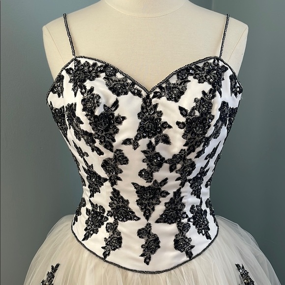 Xcite Formal Black and White Tulle Gown With Beading - Picture 3 of 10